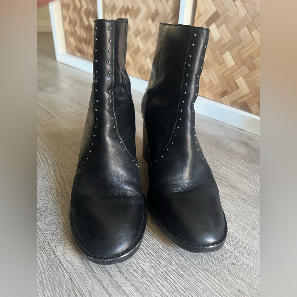 All Saints Black Leather Studded Block Heel Ankle Boots - Picture 12 of 13